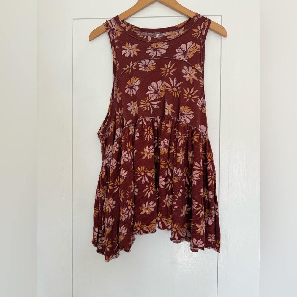 Free People Madison Floral Top in Burgundy and Cream